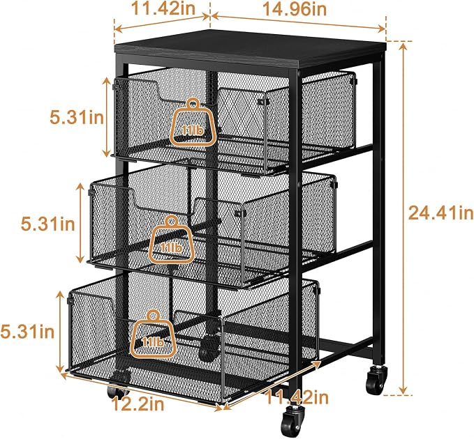 Pantry Organizer and Storage Cart, 3-Tier Kitchen Storage Cart with Drawer, Fruit Vegetable Storage Cart with Wheels, Wooden Top Metal Wire Kitchen Organizer Rack Stand for Food Snack Onion Potato
