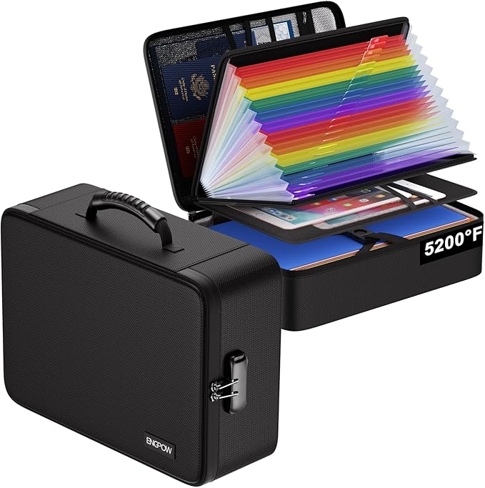 ENGPOW 5200℉ Soft Case Fireproof Document Box with Lock,Fireproof Box with 25 Colorful Pocket Accordion File Folder,Fireproof Water Resistant Safe File Organizer Storage for Important Documents
