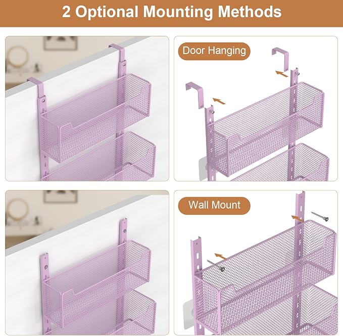 VyGrow Over The Door Organizer, Metal Door Organizer Hanging with 5 Adjustable Baskets and Coat Hook, Behind The Door Storage for Bedroom Closet Bathroom Pantry Cabinet Kitchen, Purple