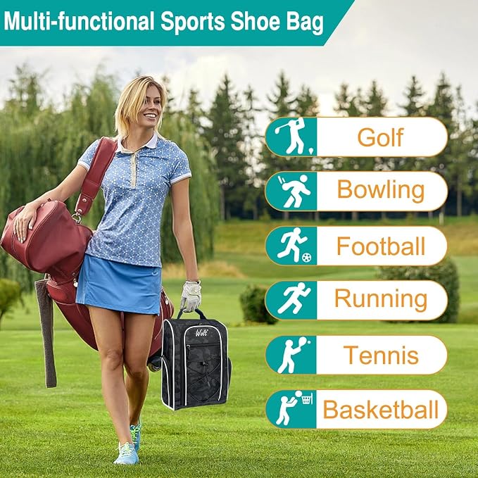 Wolt |Golf Shoe Bag for Travel- Zippered Shoes Carrier Bags with Ventilation & Double Outside Accessory Pocket for Socks, Tees, Golf Balls, Etc. for Women and Men (CamoBlack)