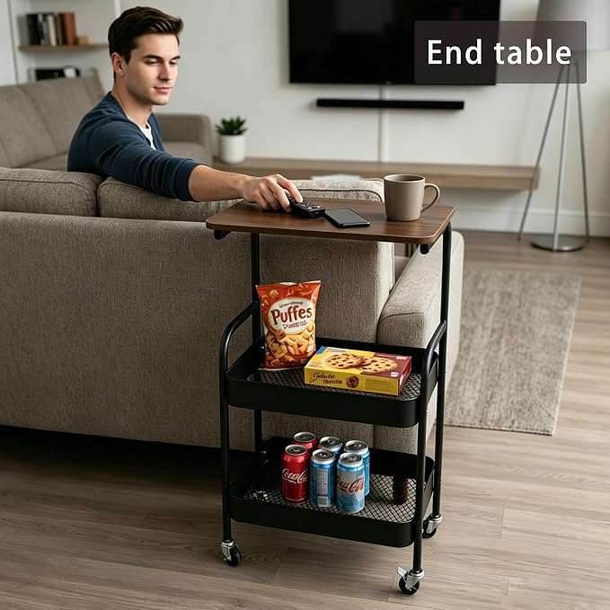 3-Tier Metal Rolling Utility Cart with Walnut-Textured Top on Wheels Craft Cart and Side Table for Bedside, Kitchen, Office, Bathroom & Craft Room