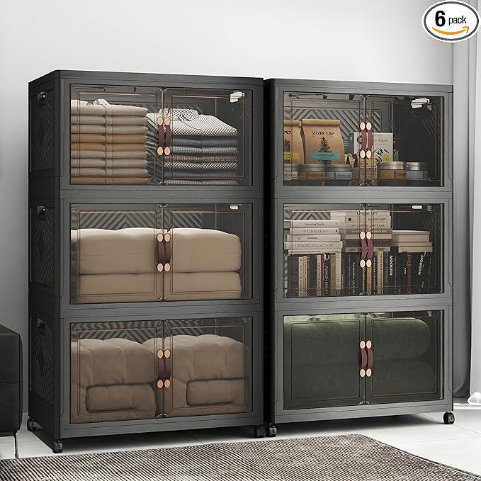 Stackable Storage Bins with Lids, Collapsible Storage Boxes, Foldable Plastic Storage Drawers for Bedroom,Office, Dorm (6, Black, XL)