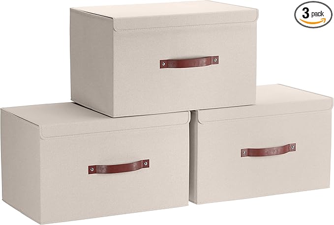 Ornavo Home 3 Pack Collapsible Storage Bins with Lid, Foldable Linen Fabric Shelf Storage Basket Closet Organizer and Large Storage Box for Clothes with Leather Handles, 16.5 x 11.8 x 7.5, Beige