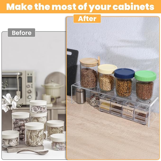 4 Pack Acrylic Risers Display Stands, Acrylic Shelf Riser Display Risers, Spice Rack for Dishes, Spices, Soda Cans and Bottles（12.4 x 4 x 4.6 inch）