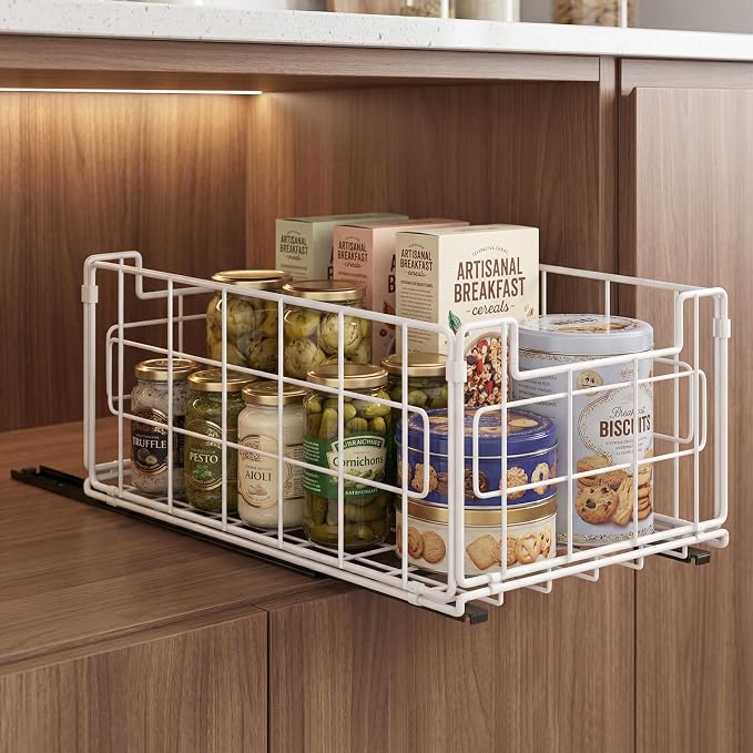 Pull Out Cabinet Sliding Basket Organizer, No Drill, White | Heavy Duty Slide Out Drawer for Kitchen Cabinet, Adhesive Sliding Shelves for Kitchen Bathroom Home, 13.8"D x 8.5"W x 6.3"H