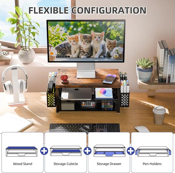 Simple Trending 2-Tier Wood Monitor Stand with Drawer & 2 Pen Holders | 20"W x 10"D x 5.8"H. Wood + metal frame, holds 100 lbs. 2-tier + drawer + pen holder. Non-slip base. Easy assembly.