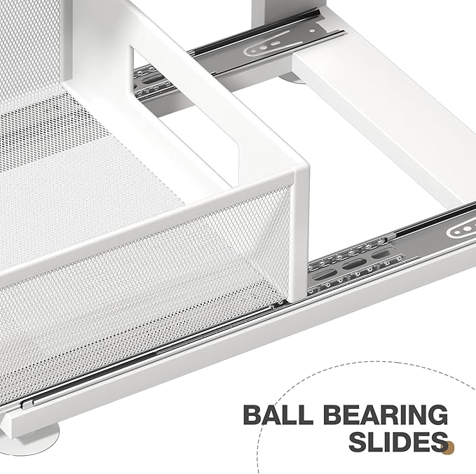 1 Pack Under Sink Organizer with Next-Gen Ball-Bearing Slides,2-Tier Pull Out Cabinet Storage,Height Adjustable Drawer Shelf for Bathroom,Kitchen,Laundry,Cabinet,Pantry-White