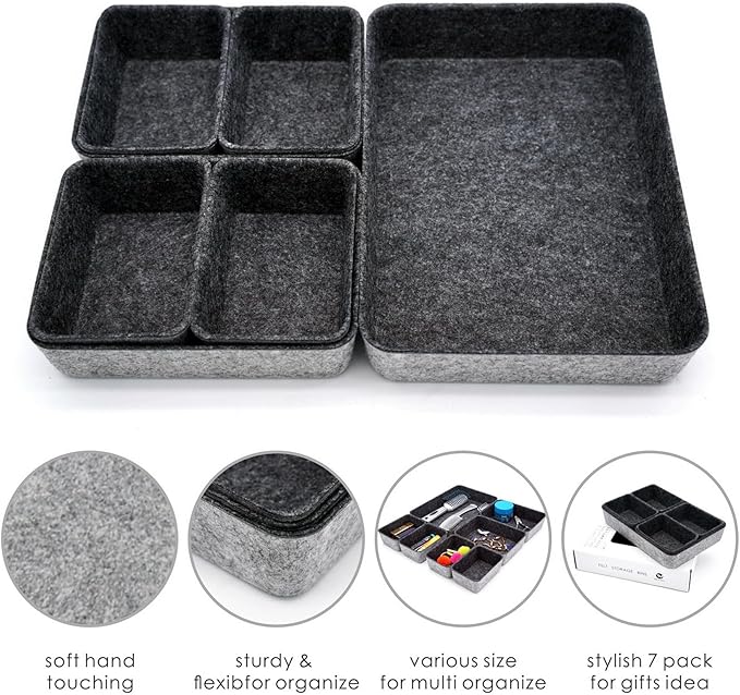 Welaxy 7pc Shallow Felt Desk Drawer Organizers Trays Charcoal Storage Bins