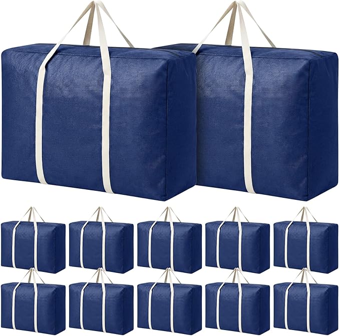 Sadnyy 12 Pack Extra Large Moving Bags Bulk with Carrying Handles & Zipper 32 Gal /120 L Reusable Waterproof Packing Bags Foldable Storage Organizer for Clothes, Bedding, Comforters(Navy Blue)