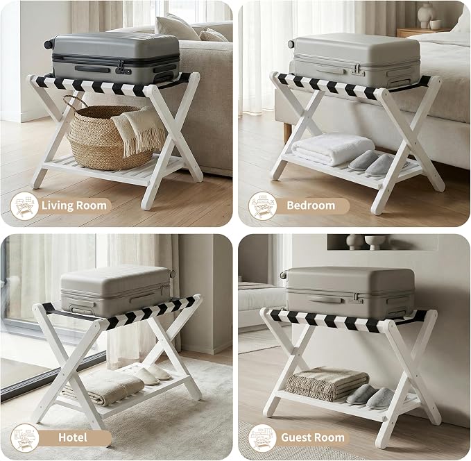 Heybly Luggage Rack for Guest Room,Set of 2, Bamboo Folding Luggage Stand & Suitcase Holder, 5 Heavy-Duty Straps,Holds up to 165 Lbs, Heavy Duty Luggage Rack for Bedroom Hotel, White, HLR013W2