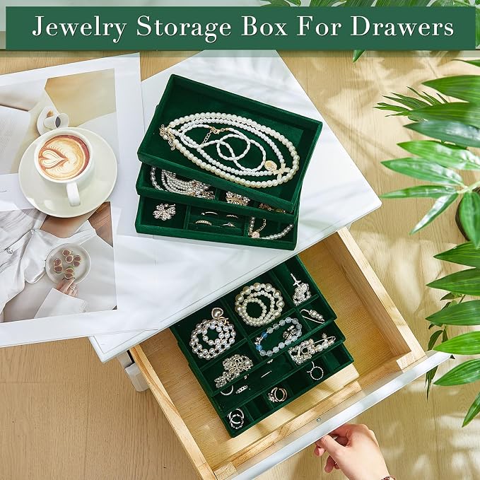 Junkin 18 Pcs Jewelry Drawer Organizer Inserts, Stackable Jewelries Inserts for Dresser Drawers, Drawer Insert Organizers Velvet Jewelry Trays for Rings Earring Bangle Necklace(Dark Green)