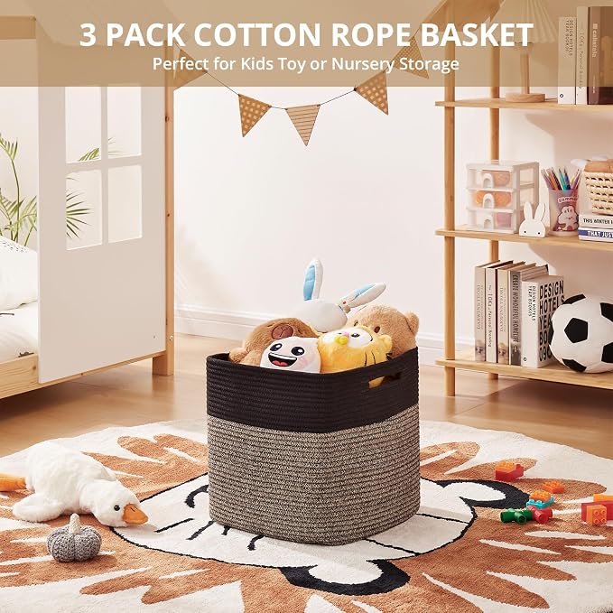 OIAHOMY 13 Inch Cube Storage Bins, 3-Pack Cotton Rope Woven Baskets for Organizing, Insert Storage Baskets for Shelves, Baby Nursery, Closet Organizer, 13 * 13 * 12.6IN, Black & Mixed Brown