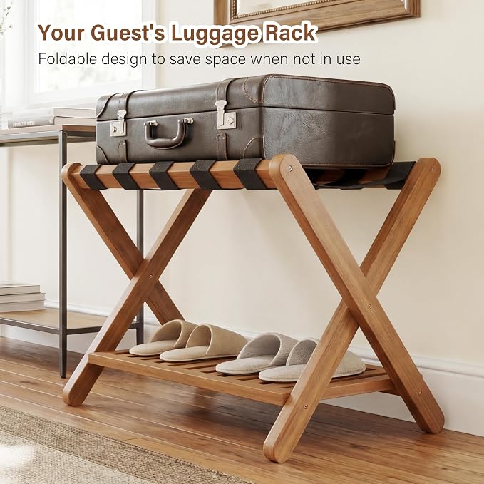 Heybly Luggage Rack for Guest Room,Set of 2, Bamboo Folding Luggage Stand & Suitcase Holder, 5 Heavy-Duty Straps,Holds up to 165 Lbs, Heavy Duty Luggage Rack for Bedroom Hotel, Walnut, HLR013WB2
