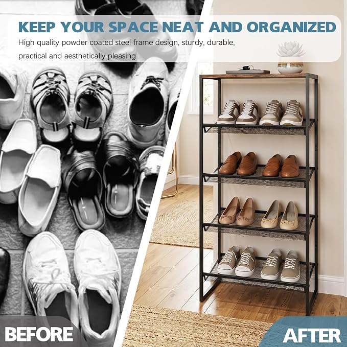 Shoe Rack for Entryway,，5 Tier Shoe Storage Organizer，Sturdy Shoe Shelf,Boot Rack with a Fine Mesh Shelves，for Living Room, Hallway，Small Space,11.8 x 16.5 x 27.9 Inches,Brown