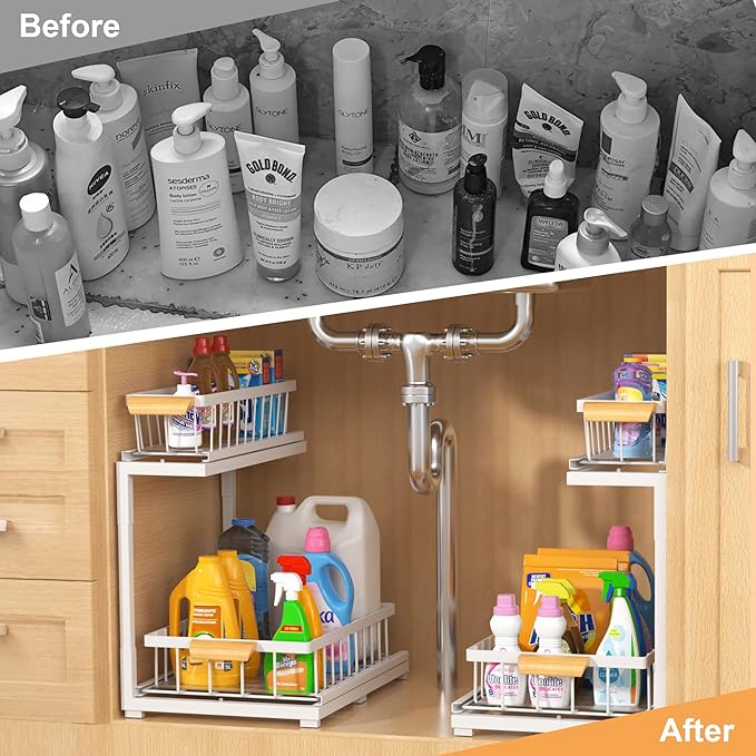 Under Sink Organizer 2 Tier, Pull Out Drawer Slides Under Sink Storage for Bathroom Kitchen,Multi-Purpose Drawer Under Cabinet Organizer for Cleaning Supplies (White, Large-1 Pack)