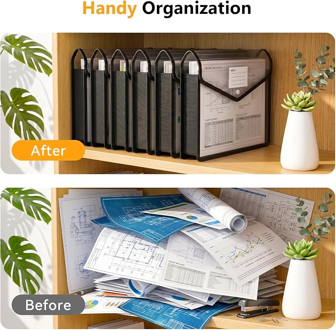 2 Pack Plastic Expanding File Folder, Black File Folder Organizer | Folders for Documents with Snap Closure, Transparent Accordion File Pouch, No Dividers, Large Capacity, Fit Letter/A4 Size