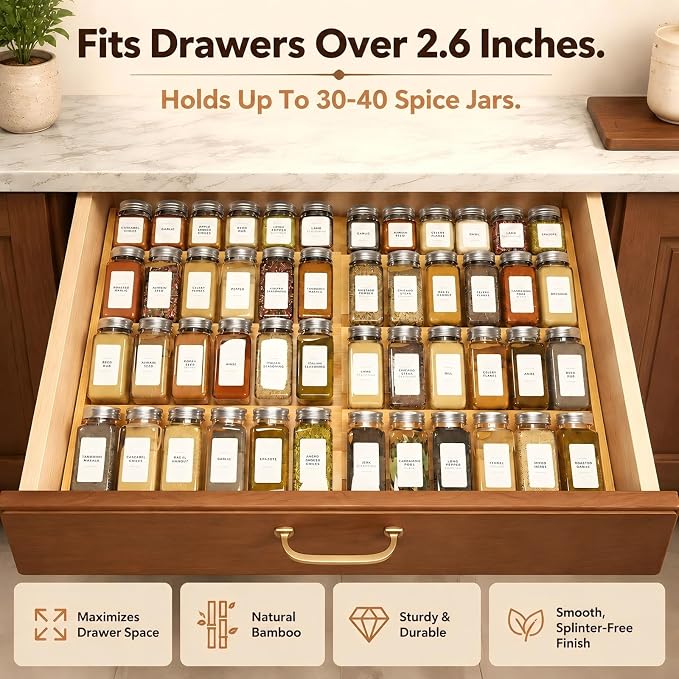 Bamboo Spice Drawer Organizer Expandable(Fits 2.6” Deep Drawers), 4-Tier Spice Rack Drawer Insert for Kitchen Cabinets(12" - 21.9" Width), Adjustable Seasoning Storage Insert (Jars Not Included)