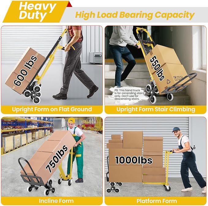 4-in-1 Hand Truck Dolly Heavy Duty Industrial Convertible, 1000 LBS Stair Climbing Cart Utility Cart Converts from Hand Trucks Dolly to Platform Cart Folding Stair Climbing Cart (Yellow)