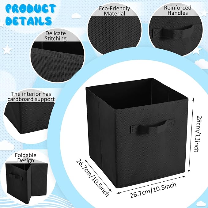 Yinder 12 Pcs Cube Storage Bin Black 10.5''x10.5''x11'' Storage Bins for Playroom Decor Colorful Bins for Kids Foldable Baskets for Nursery Organizer Boxes Fabric Boxes