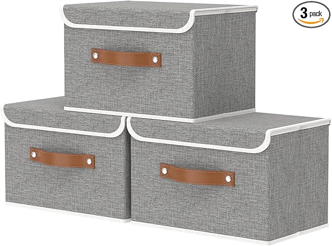 OUTBROS Collapsible Storage Cubes with Lid, Linen Fabric Wardrobe Baskets, Large Box For Towels, Clothes, 15 x 9.8 x 9.8 inch, Grey, 3-Pack
