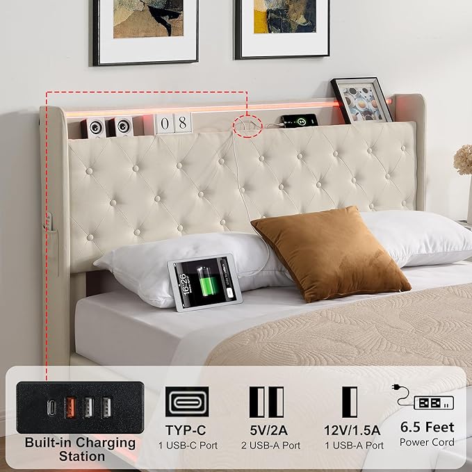 Ailisite Queen Size Lift Up Storage Bed, Upholstered Platform Bed with Button Tufted Wingback Storage Headboard, Bed Frame Queen Size with Led Lights and Charging Station, No Box Spring Needed, Beige | Lift up Storage, breathable material, with led lig...