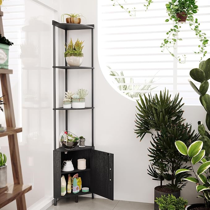 SUNMORY 5 Tier Corner Cabinet, 65.4" Tall Corner Shelf with Storage, Display Shelf Corner Shelves for Living Room Decor, Wall Corner Bookshelf, Plant Stand for Bedroom, Bathroom, Kitchen, Small Space