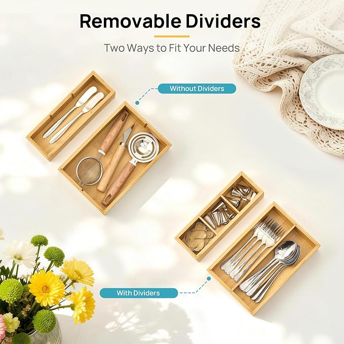 Vtopmart Bamboo Drawer Organizer Boxes - Set of 7 Multi-purpose Wooden Storage Dividers for Kitchen, Bathroom, Office, Desk, Makeup, Jewelry & More, Non-Slip Junk Drawer Organizer Trays for Storage