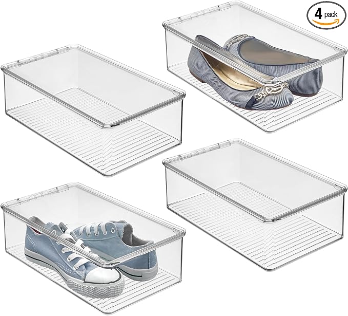 iDesign Stackable Plastic Shoe Box with Hinged-Lid, Set of 4, Clear | For Sneakers, For Sandals, For Flats
