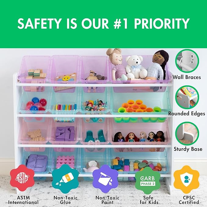 Humble Crew Toy Storage Organizer with 16 Removable Storage Bins for Kids Playroom, 4-Tier Toddler Toy Organization and Storage, White/Purple/Pink/Blue