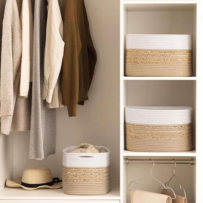 UBBCARE 2 Pack Baskets for Organizing, Woven Storage Baskets for Toys and Towel, Rectangle Cotton Rope Basket with Handles, 14''L x 8''W x9''H, Brown