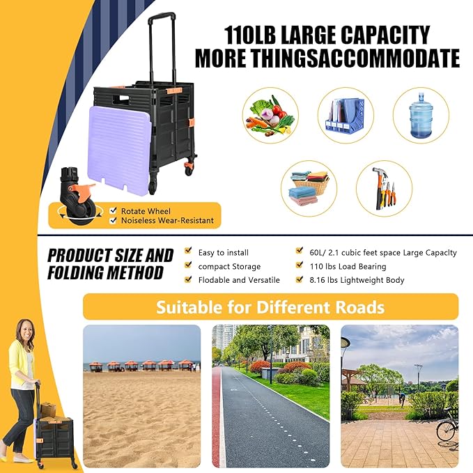 SELORSS Foldable Utility Cart Portable Rolling Crate Handcart Shopping Trolley Collapsible Tool Box with Rotate Wheels Durable Duty Plastic Telescoping Handle Lid for Travel Move Office School(Purple)