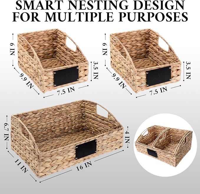 Hand-Woven Pantry Baskets for Organizing, Large Wicker Storage Baskets for Shelves with Labels, 2 Chalk Markers & Handles, 3 Pack Hyacinth Storage Bins for Pantry Kitchen Laundry Shelf