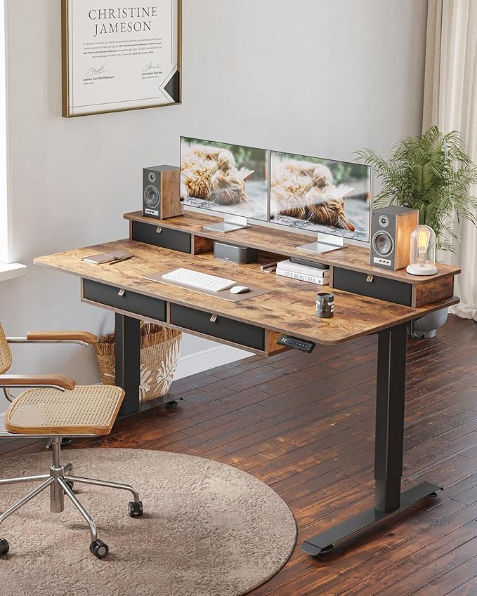 FEZIBO 60 x 30 inch Standing Desk with Drawers, Height Adjustable Electric Workstation, Computer Sit Stand Up Table with Large Storage Shelf 4 Drawers and 2 Hooks, Rustic Brown