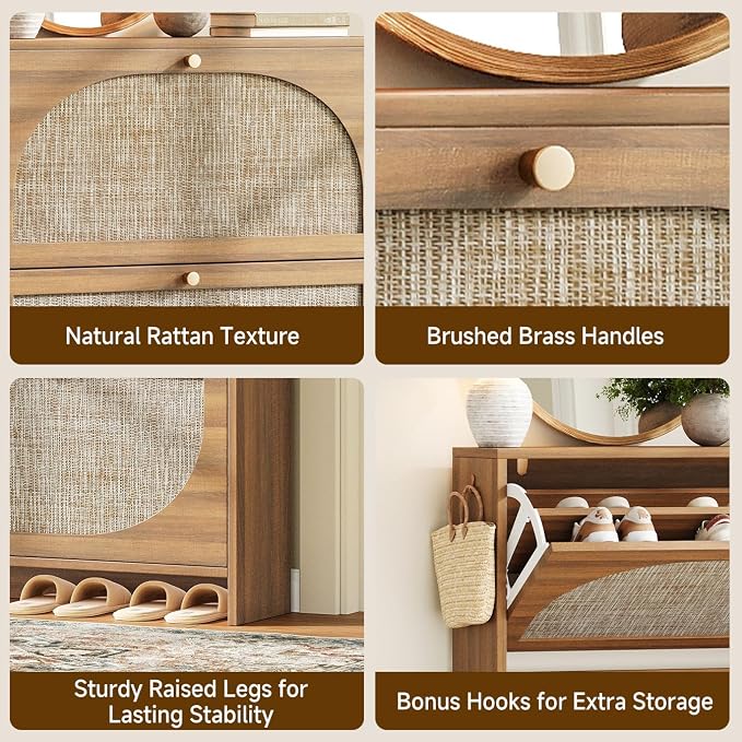 Nicetree Shoe Storage Cabinet for Entryway, Modern Walnut Shoe Cabinet with Tiered Fluted Design, 9.5" Slim Shoe Rack for Small Spaces, Narrow 4 Flip Drawers Hidden Shoe Organizer