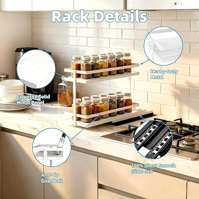 Pull Out Spice Rack 4Pcs Metal & Wood Seasoning Organizer White | No-Drill Install | Full-Extension Silent Glide | Each Tier Holds 10–12 Standard Spice Bottles | Rustproof, Wipe-Clean Surface