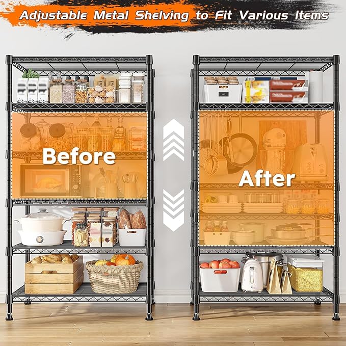 REIBII 6-Tier Metal Shelving Unit, 800LBS Heavy Duty Wire Shelving with Anti-Tipping Kit, No Tools Needed, Adjustable Storage Shelves for Garage Pantry Kitchen Closet, 13.8" D x 21.5" W x 70.5" H