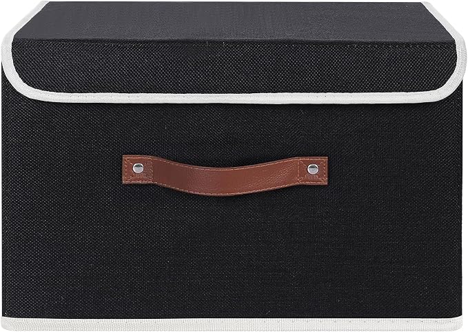 ANMINY 4PCS Storage Bin with Lid Storage Boxes with PU Leather Handles PP Plastic Board Decorative Foldable Lidded Cotton Linen Fabric Home Cubes Baskets Closet Organizer Container - Black, Medium