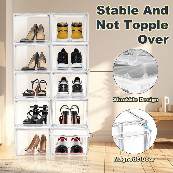 1 Pack Clear Shoe Boxes with Acrylic Drop Front Magnetic Door, Stackable Size 12 Shoe Organizer for Sneaker Collection, Space-Saving Plastic Shoe Storage Box for Closet, Entryway, Bedroom