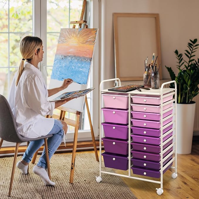 DREAMADE Rolling Cart with 15 Drawers, Rolling Drawer Organizer Cart w/Lockable Wheels, Removable & 2-Sized Storage Drawers, Art Cart for School Home Art Supplies Crafts File Scrapbook