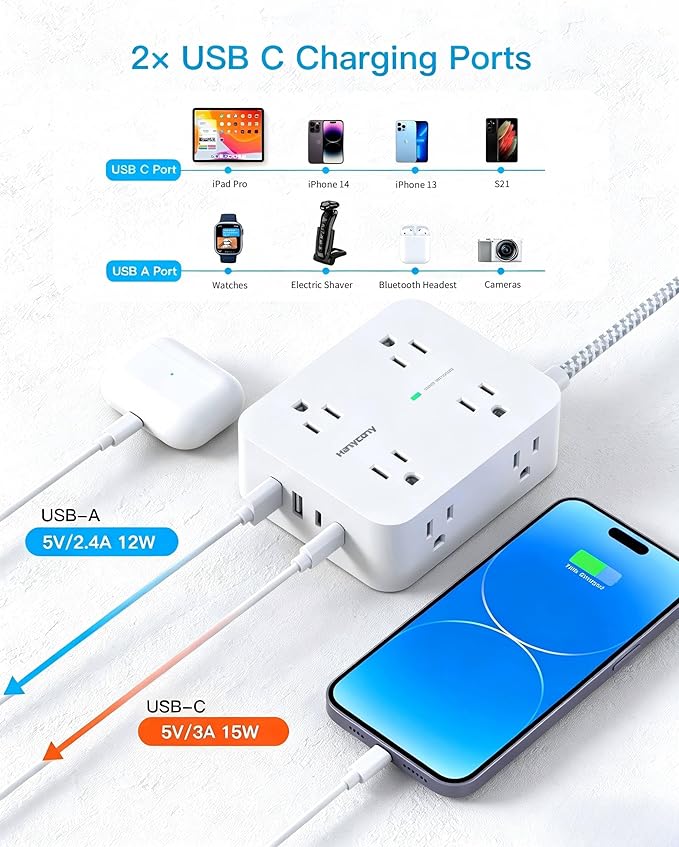 HANYCONY 10 Ft Braided Extension Cord with Ultra-Thin Flat Plug, 8-Outlet | 1080J Surge Protector Power Strip with 4 USB Ports (2 USB C), Ideal Wall Mount Charging Station for Home Office and Dorm