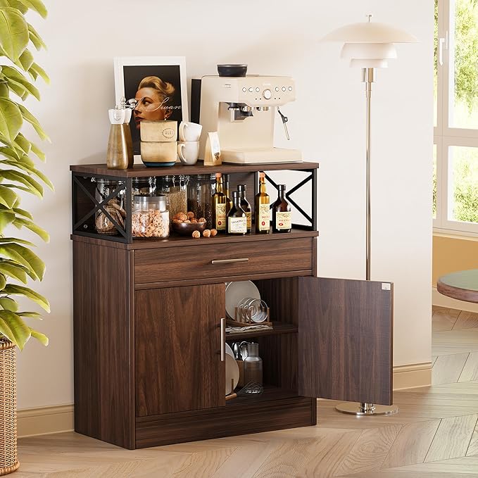 Meilocar Buffet Cabinet, Coffee Bar Cabinet, Wooden Kitchen Sideboard with Storage and Drawer, Farmhouse Storage Cabinet for Living Room, Dining Room, Dark Brown