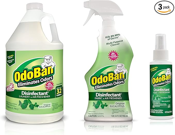 OdoBan Ready-to-Use Disinfectant and Odor Eliminator, Set of 3, 4 Ounce Travel Spray, 32 Ounce Spray, 1 Gallon Concentrate, Original Eucalyptus Scent