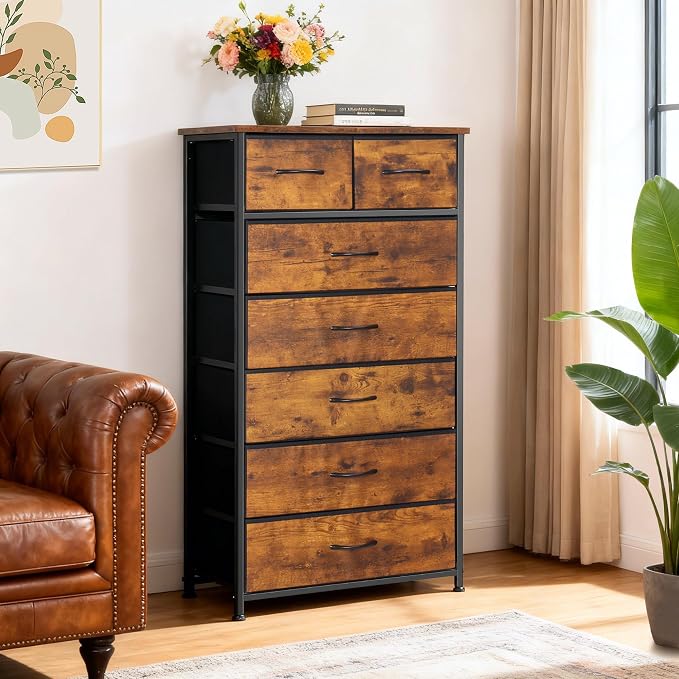 Mifuro Tall Dresser for Bedroom, Vertical Storage Organizer Tower with 7 Drawers, Chest of Drawers with Fabric Bins, Steel Frame, Wood Top for Bedroom, Closet, Entryway- Rustic Brown