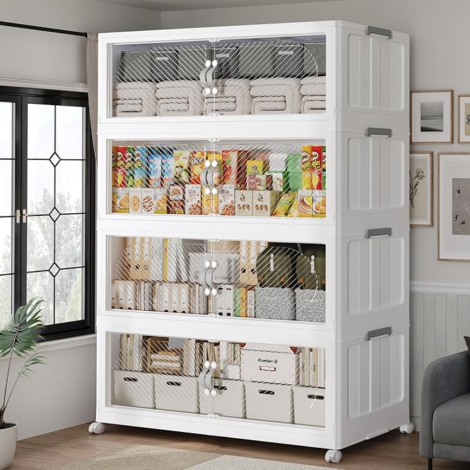 160Gal/640QT 4-Tiers Extra Large Stackable Storage Bins with Lid, Collapsible Cabinet Closet Organizer Plastic Container Box with Wheels Doors Drawers for Living Room Kitchen Office, White