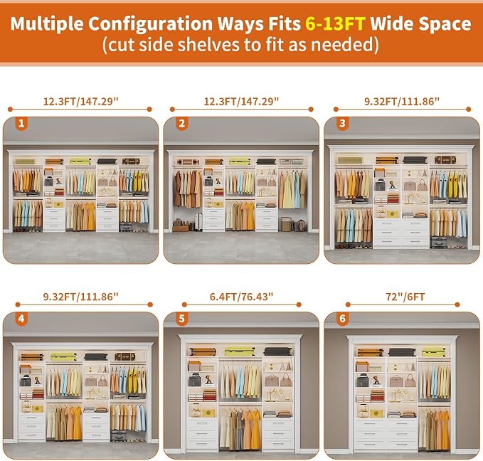 Closet System with 6 Drawers, 6-13FT Closet Organizer System Wood with 8 Shelves & 6 Expandable Hanging Rods, Closet Systems Kit for Walk in Closets, Modular Closet Organizer Systems, 2 Sets,White