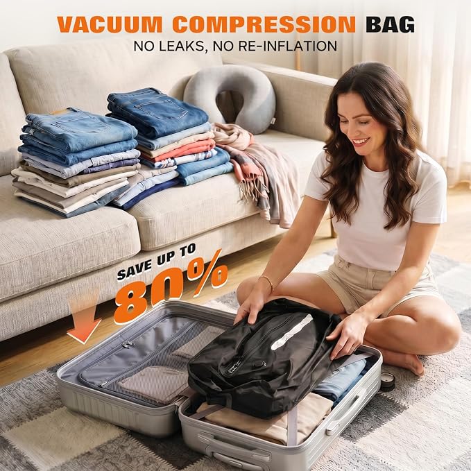 Vacuum Travel Bags With 5500Pa Wired Pump, Vacuum Luggage Bags for Clothes, Compression Bags for Travel, IP68 Waterproof Space Saver Packing Cubes for Suitcase, Backpack & Home Storage (2 Pack + Pump)
