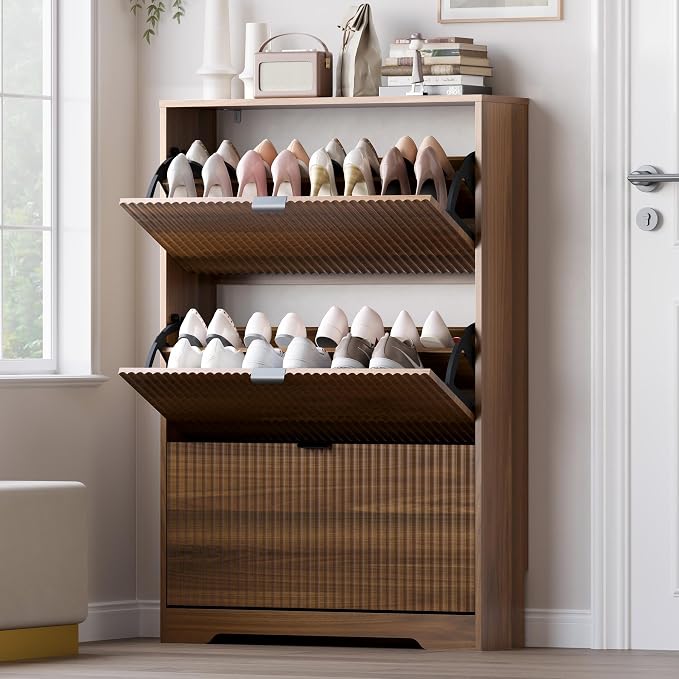 BORNOON Entryway Shoe Cabinet with 3 Flip Drawers, Narrow Shoe Organizer Cabinet with Fluted Panel and Adjustable Shelves for Foyer, Hallway