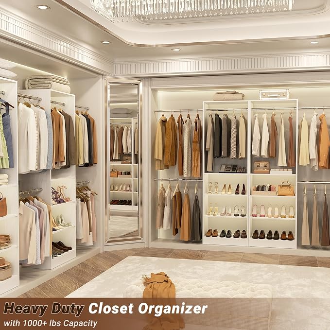 Homieasy Closet System, 4.5-11.5 Ft Expandable Closet Organizer with 5 Hanging Rods, Walk-in Wood Closet Organizer System with Storage Tower, Heavy Duty Garment Rack Wardrobe for Bedroom, White