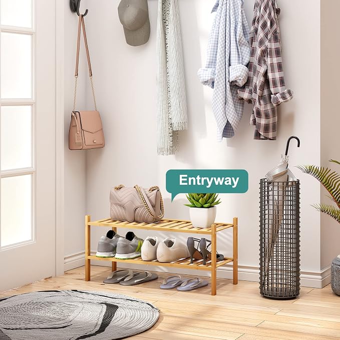 viewcare 2-Tier Bamboo Shoe Rack for Entryway, Bamboo Wood Shoe Organizer for Hallway Closet, Free Standing Shoe Racks for Indoor Outdoor