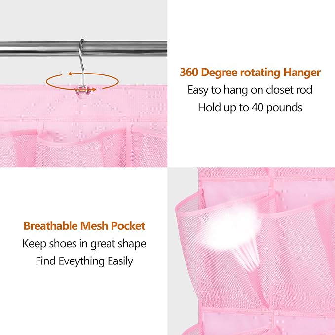 MISSLO 30 Large Pockets Dual Sided Hanging Shoe Organizer for Closet with Rotating Hanger Hanging Shoe Shelves, Pink